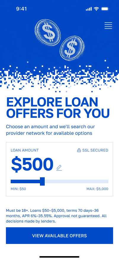 Payday Loans: BJS Finances: $500 amount screen